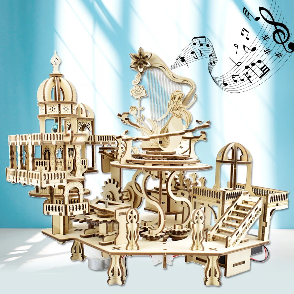 New Mystery Island Music Box Model with Light 3D Wooden Puzzle DIY Assembly Building Kit Decoration Crafts Gifts for Adults Kids