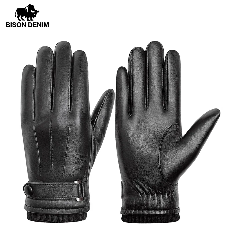 BISON DENIM Men's Thermal Winter Gloves 100% Genuine Leather Sheepskin Touch Screen Mittens Windproof Warm Fleece Lined Gloves