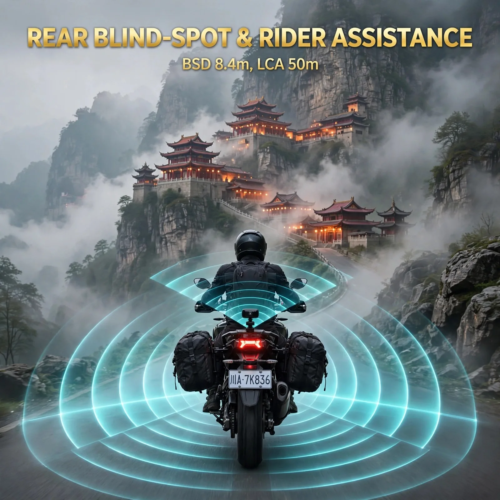 TCHBSD77G01 Cliff Monastery Edition: 77GHz Millimeter-Wave Rear Radar for Motorcycles, Blind Spot + Lane Change Alerts, up to 70