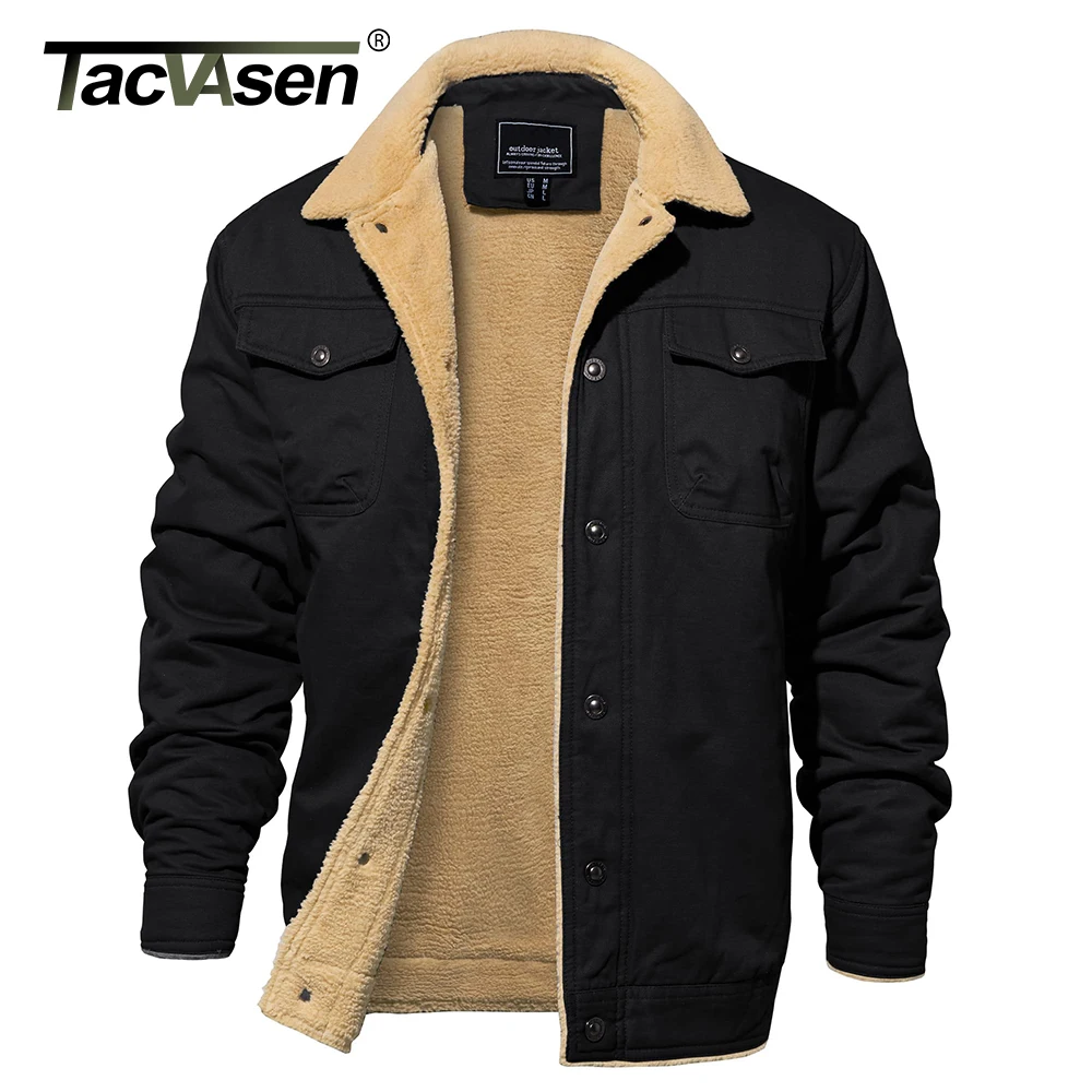 TACVASEN Men's Winter Sherpa Fleece Lined Jacket Turn-down Collar Working Cargo Trucker Jacket Multi-pockets Soft Warm Coat