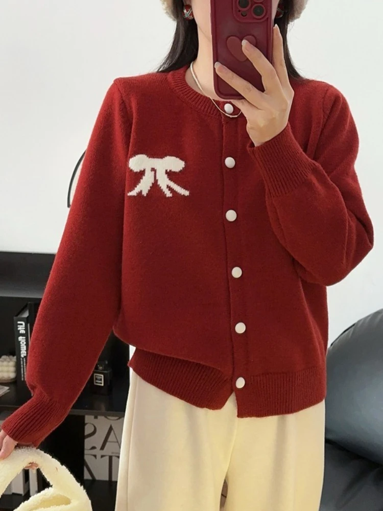 2025 arco jacquard malha cardigan feminino o pescoço único breasted coração botão cardigan camisola moda coreana casual camisola de malha