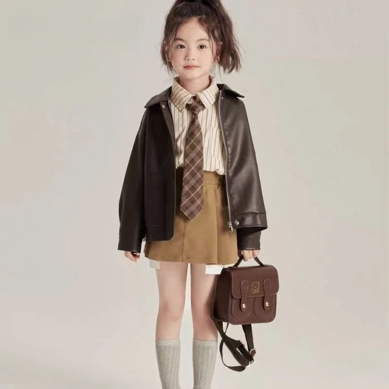 Girls Suits 2024 Autumn New Girls Coffee Color Striped Shirt Khaki Half Skirt Foreign Leather Coat Three-piece Set Clothes Suits