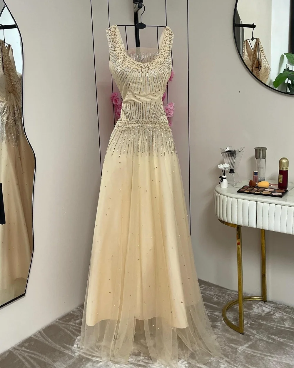 

Customized Exquisite Charmeuse Sequined Pleat A-line Scoop Neck Long Dresses Quinceanera Bespoke Occasion High Quality