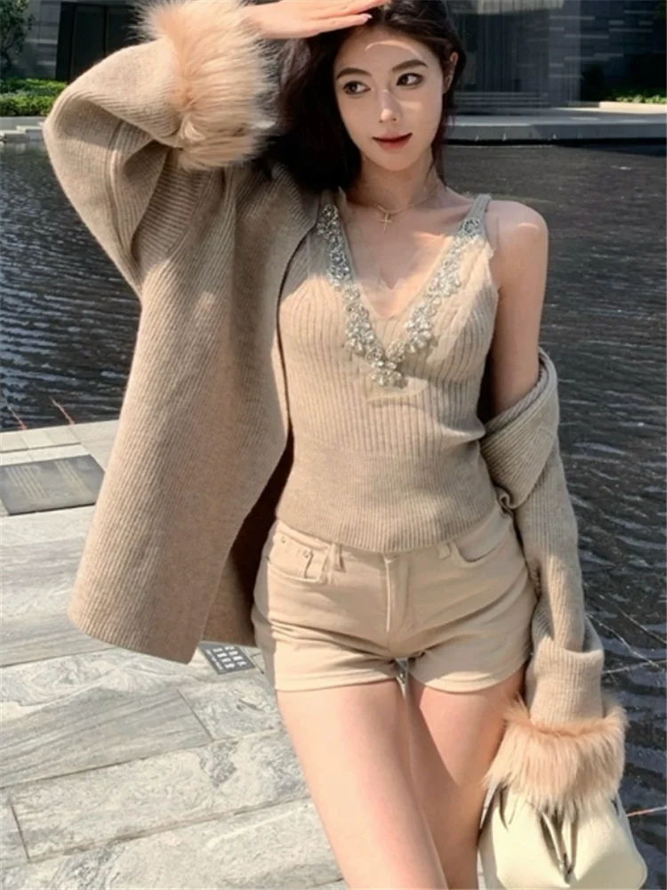 Lazy Style Women Knit Cardigan 2 Pieces V Neck Beads Tank Top&Fur Patchwork Long-sleeve Casual Sweater Fall Winter Fashion Coat