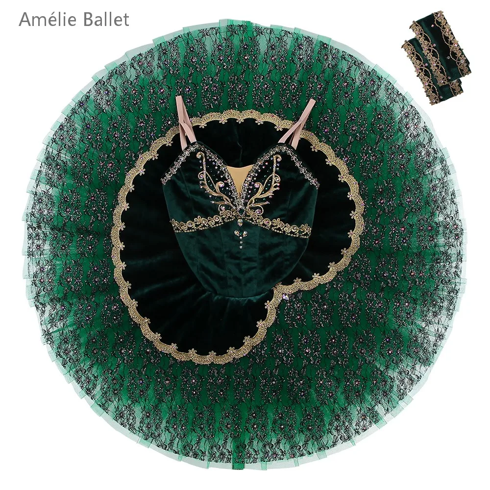 B25030 New Green Velvet Professional Ballet Tutu with Gold Trim Made-to-Order Ballet Costumes for YAGP or Stage Performance