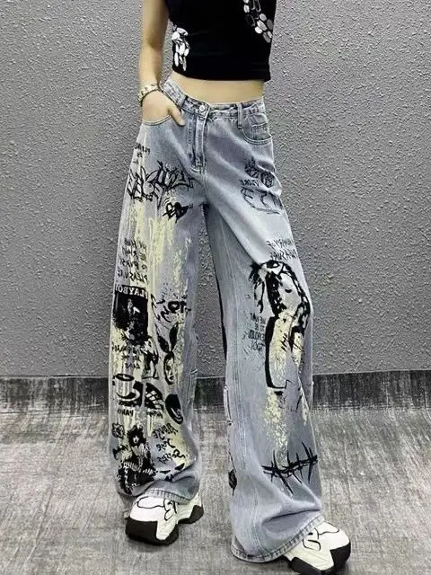 

Summer Print High Waist Loose Slim Straight Leg Pants Handsome Spray Paint Splash-ink Design Washed Jeans for Women's Pants