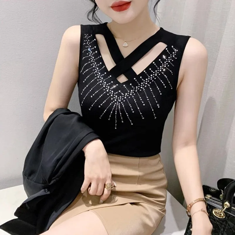Rhinestones V-Neck Sling Vest Women's 2025 New Summer Slim Fit Suspender Skinny Hollow Out Short Sleeveless Tank Top