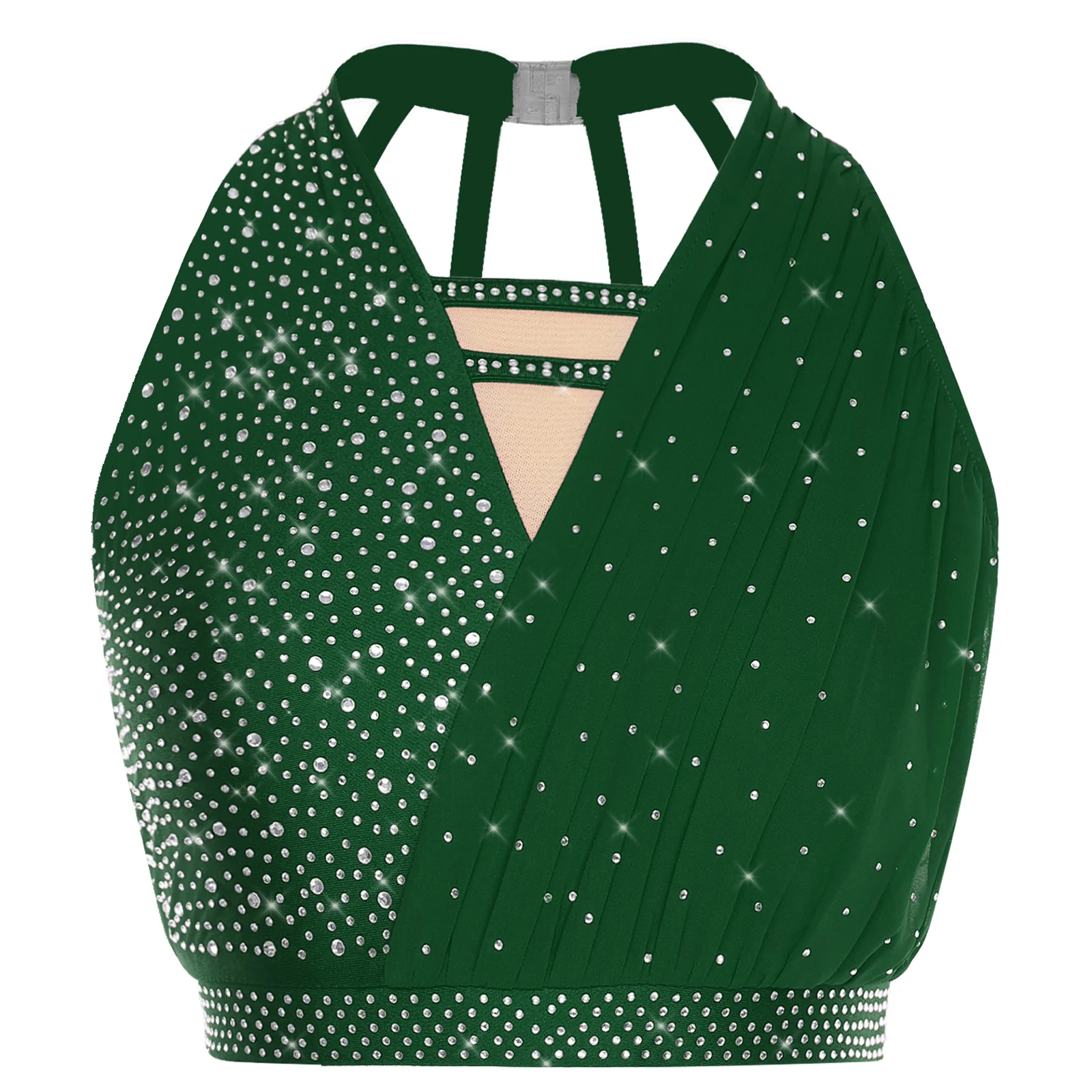 

Women Ballet Belly Tango Performance Costumes Sparkly Rhinestone Dance Crop Tops Dancewear Sleeveless Strappy Back Ruched Vest