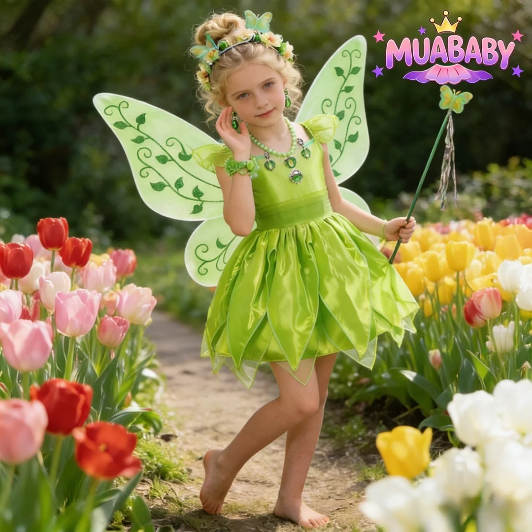 

Платье феи Тинкербелл Muababy для девочек с крыльями, костюм цветочного эльфа, карнавальный наряд для вечеринки, детский костюм принцессы для малышей, косплей, 2-8 лет