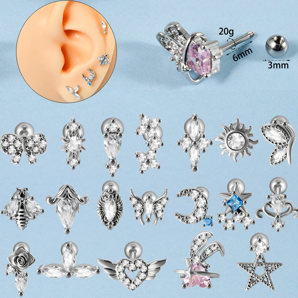 Dreamlee 2Pcs Mini Cute Helix Tragus Earring Heart Rabbit Zircon Ear Cartilage Conch Rook Stud Flat Piercing With Scew ball