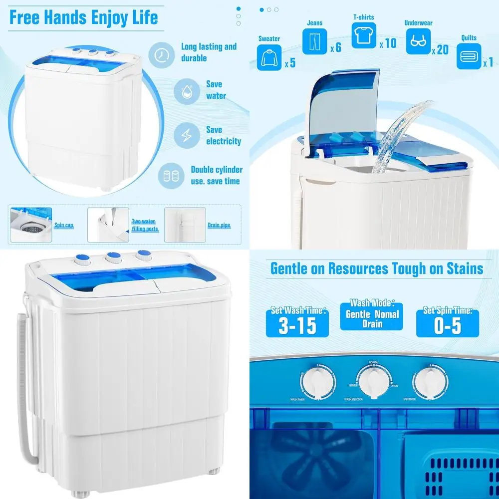 

Компактная стирально-сушильная машина с двумя баками, вместимостью 16 фунтов, полуавтоматическая, идеально подходит для общежитий и квартир, синего цвета.