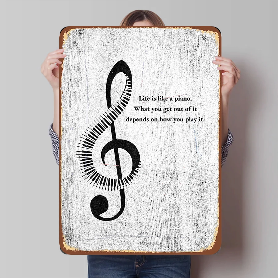 Póster de metal inspirador con teclas de piano vintage, clave de sol, la vida es como un piano juegan bien