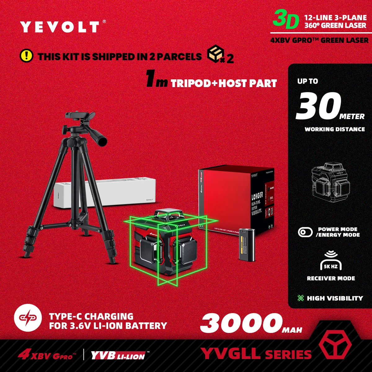 YEVOLT TL-YVGLL4XS12 Series Green Laser Level 3-Plane 12-Line Self-leveling 360 3D Power Measuring Tools-1M Aluminium Tripod