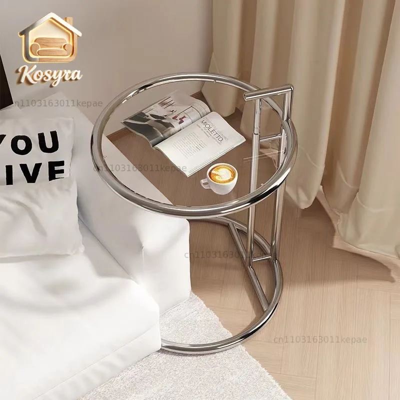 Lifting small coffee table ins stainless steel glass edge table simple modern round  sofa corner lifting coffee