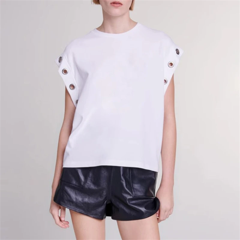 2024 newSummer women's eyelet-embellished casual T-shirt y2k high-quality fashionableRound neck versatile pulloverSleeveless top