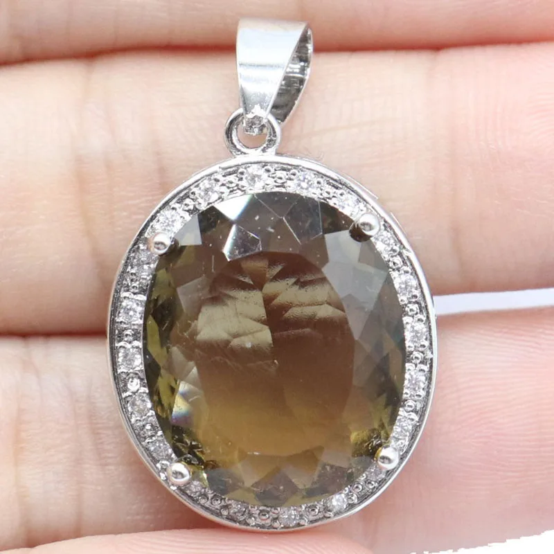 Buy 3 Get 1 Free 31x19mm Delicate Big Gemstone Smoky Topaz Golden Citrine CZ Engagement Silver Pendant