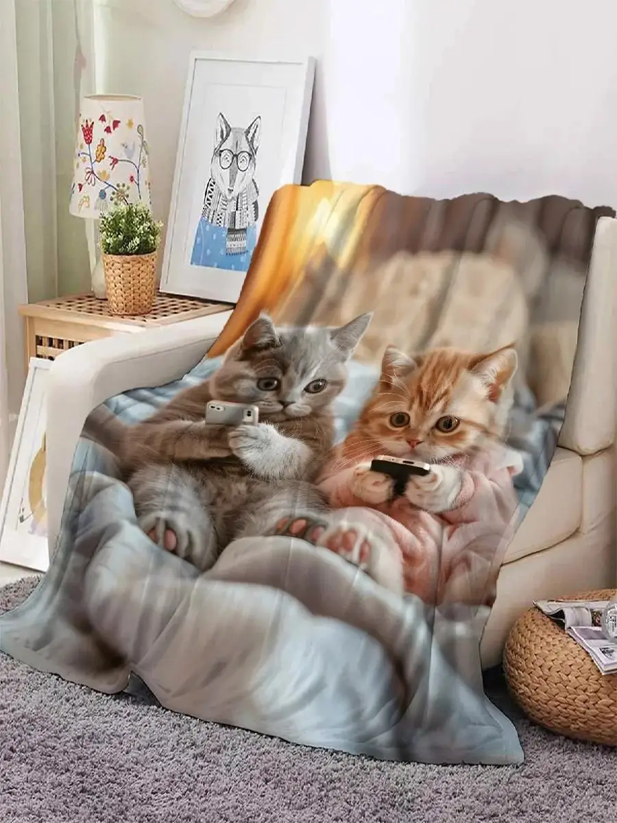 Cute Cat Print Throw Blanket Thick Flannel Soft  Cozy SkinFriendly MultiSeason Bed  Sofa Blanket