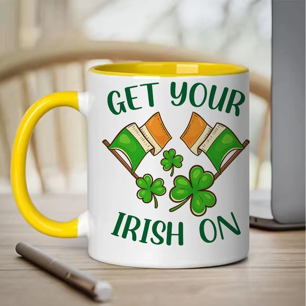 11oz St Patrick's Day Themed Ceramic Coffee Mug with Irish Flag and Clover Print for Holiday Party Home Use and Outdoor Activiti