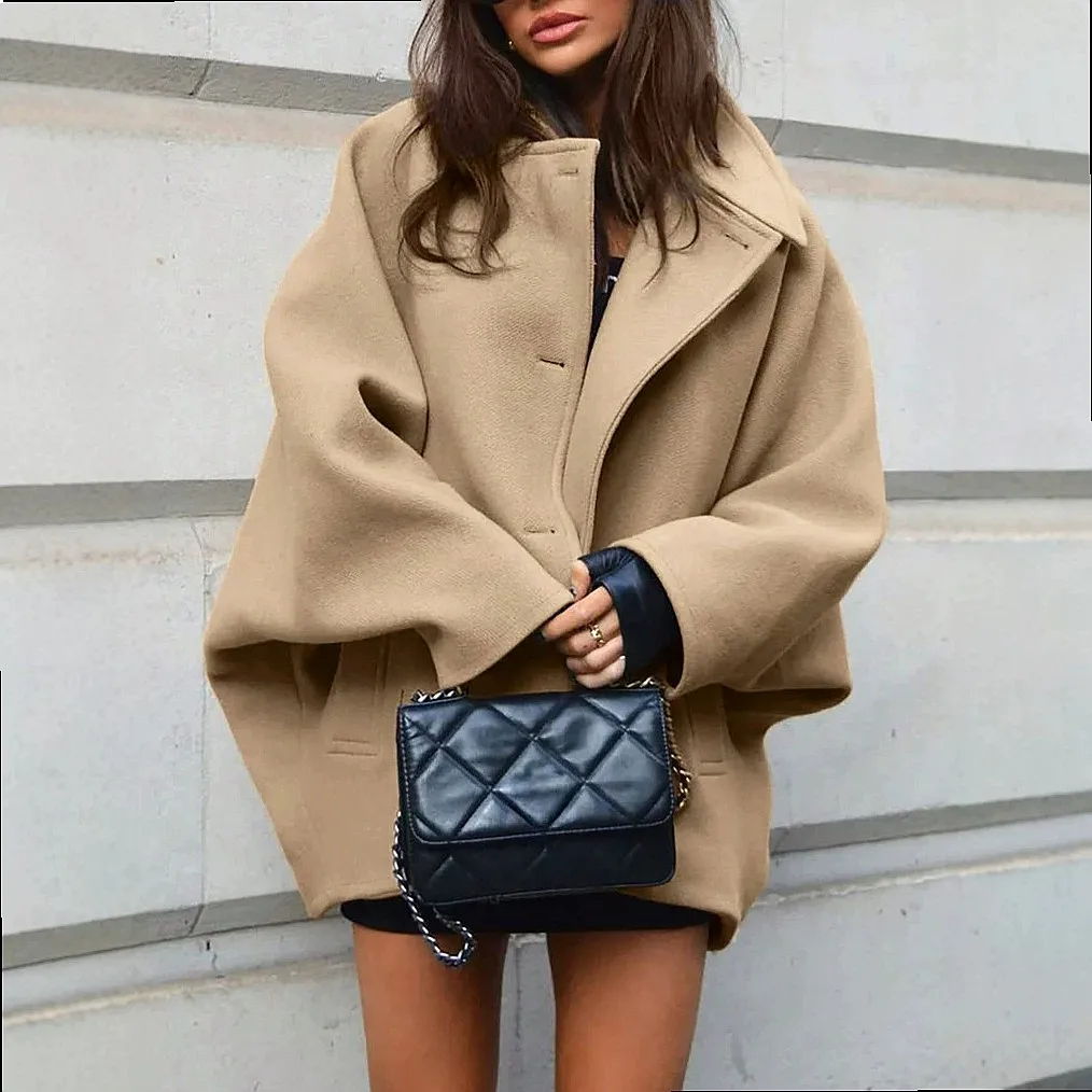 Oversized Camel Coat Women Short Wool Blend Trench Coat Loose Fit Casual Outerwear Spring Summer