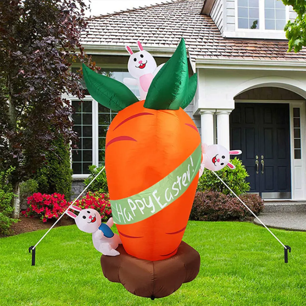 1.8M Inflatable Carrot Rabbit Easter Decoration Outdoor Blowing-up Easter Rabbit Built-in LED Lights Bunny Easter Party Ornament