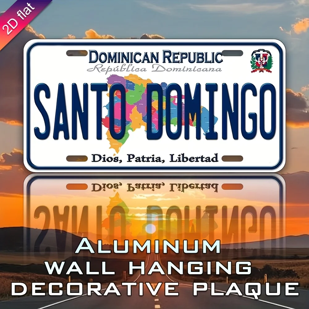 ديكور حائط لوحة ترخيص من الألومنيوم العتيق - خريطة سانتو دومينغو وتصميم علم جمهورية الدومينيكان، لوحة معدنية مقاومة للطقس #1