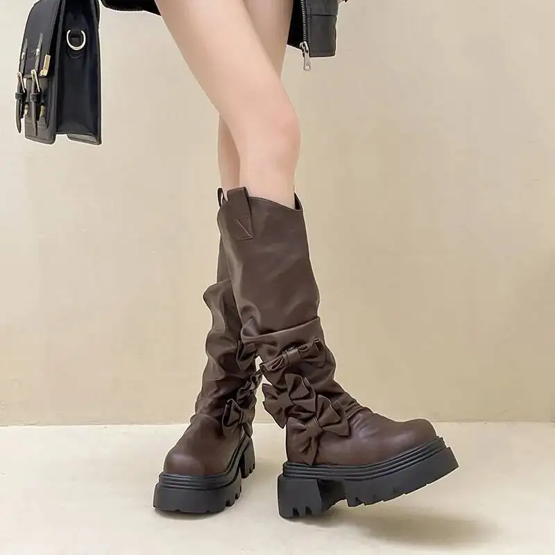 

Thick Platform Women's Riding Boots Autumn Retro Bow Trendy Thick Soled English Style Versatile Design Long Boots