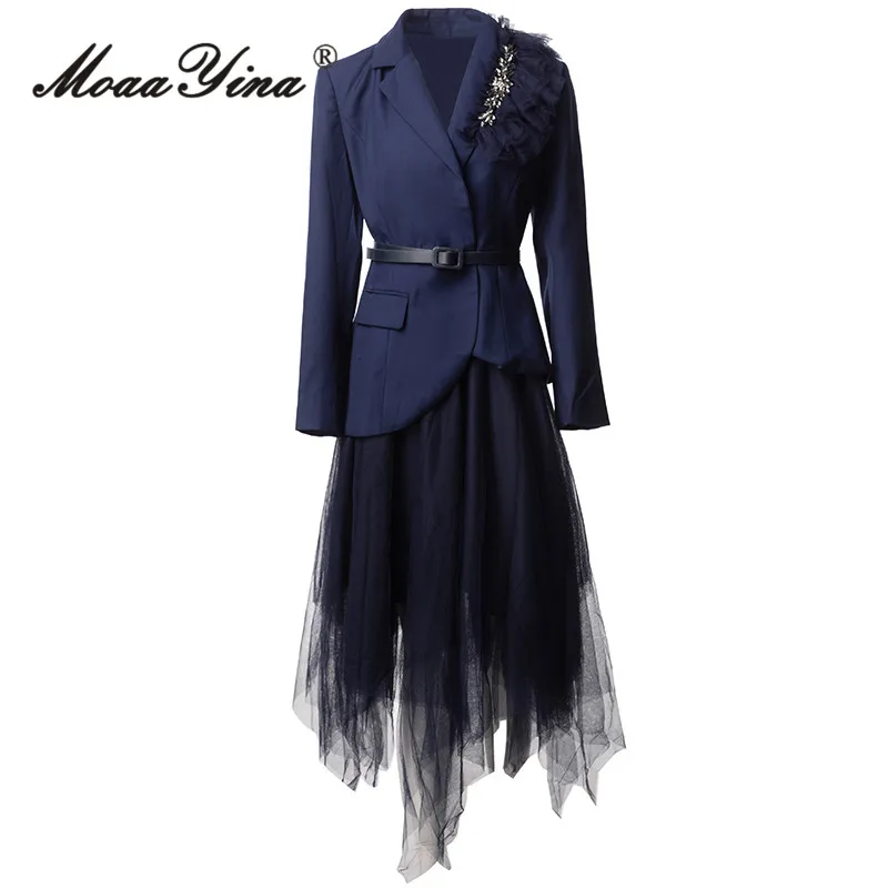 

MoaaYina 2025 Spring And Summer Western Elegant Women's Office Collar Long Sleeve Coat+Solid Color Skirt Two Piece Set