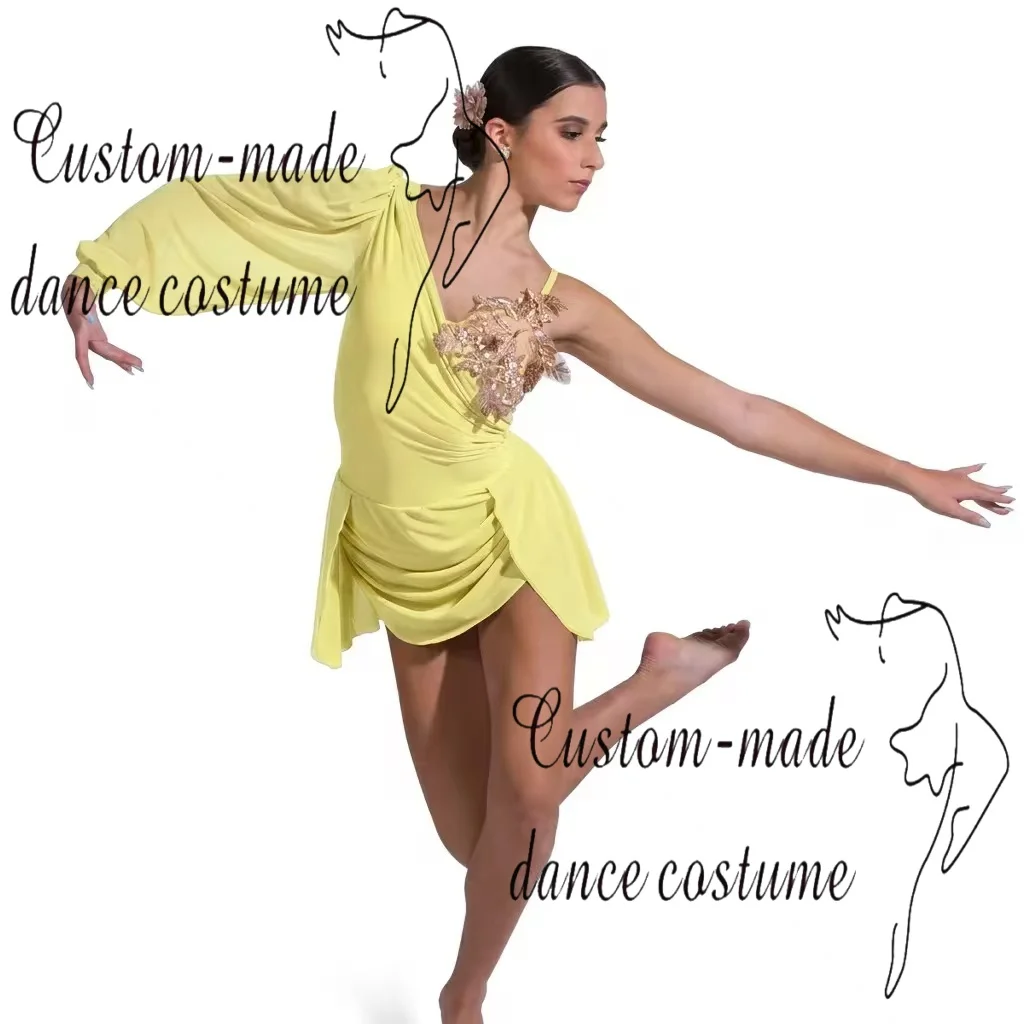Yellow sloping shoulder long sleeved chiffon skirt jazz performance costume customization