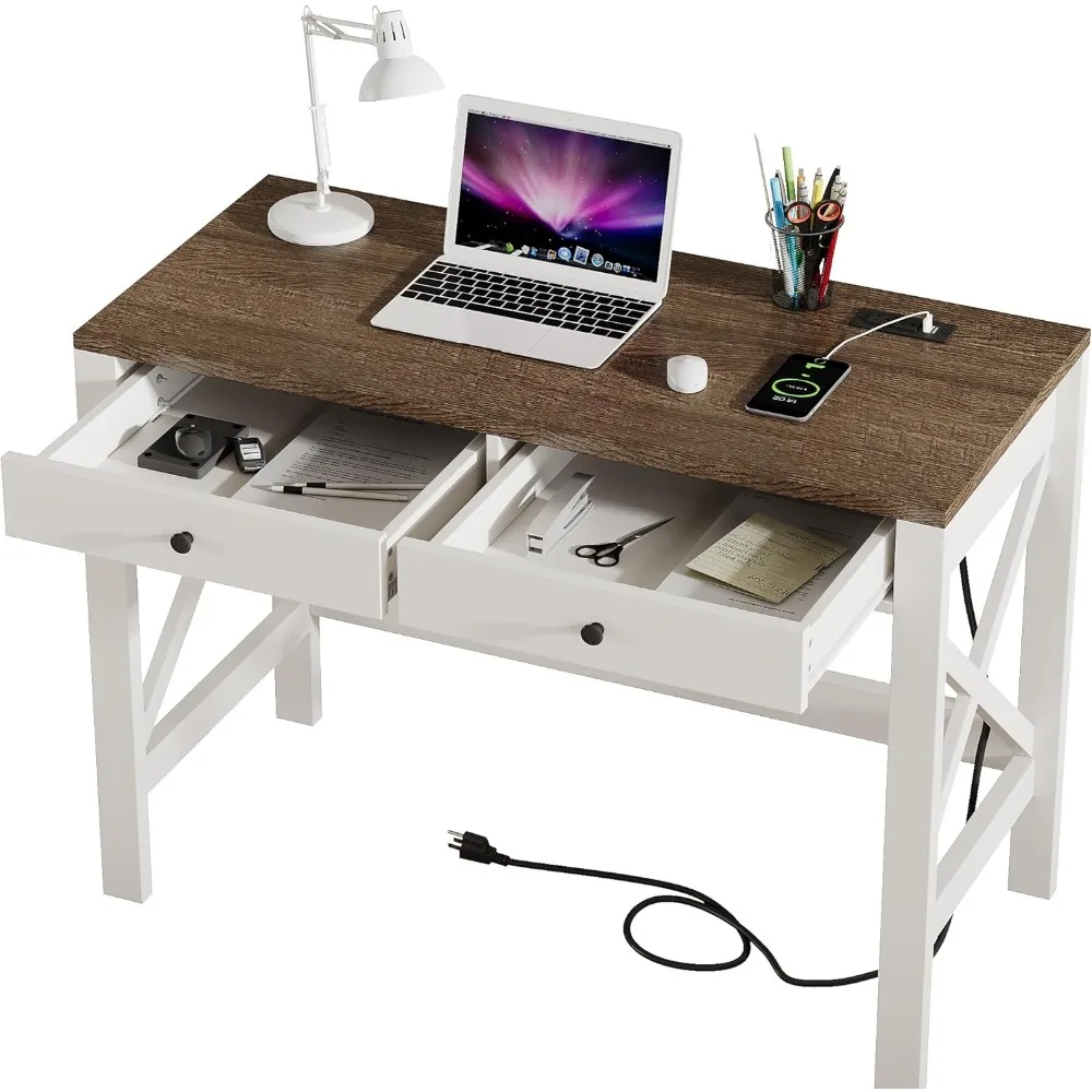 USB Charging & Power Outlet Equipped 39 Farmhouse Desk, Compact Study Writing Table with Drawers