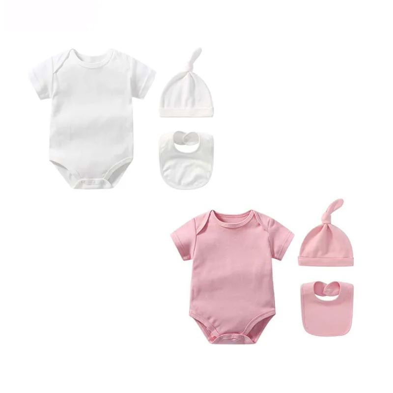 

Baby Boys Girls Bodysuit Set 3-6 Months 100% Cotton Summer Short Sleeve Solid Color Bodysuit+Hat+Bib Newborn Baby Clothing