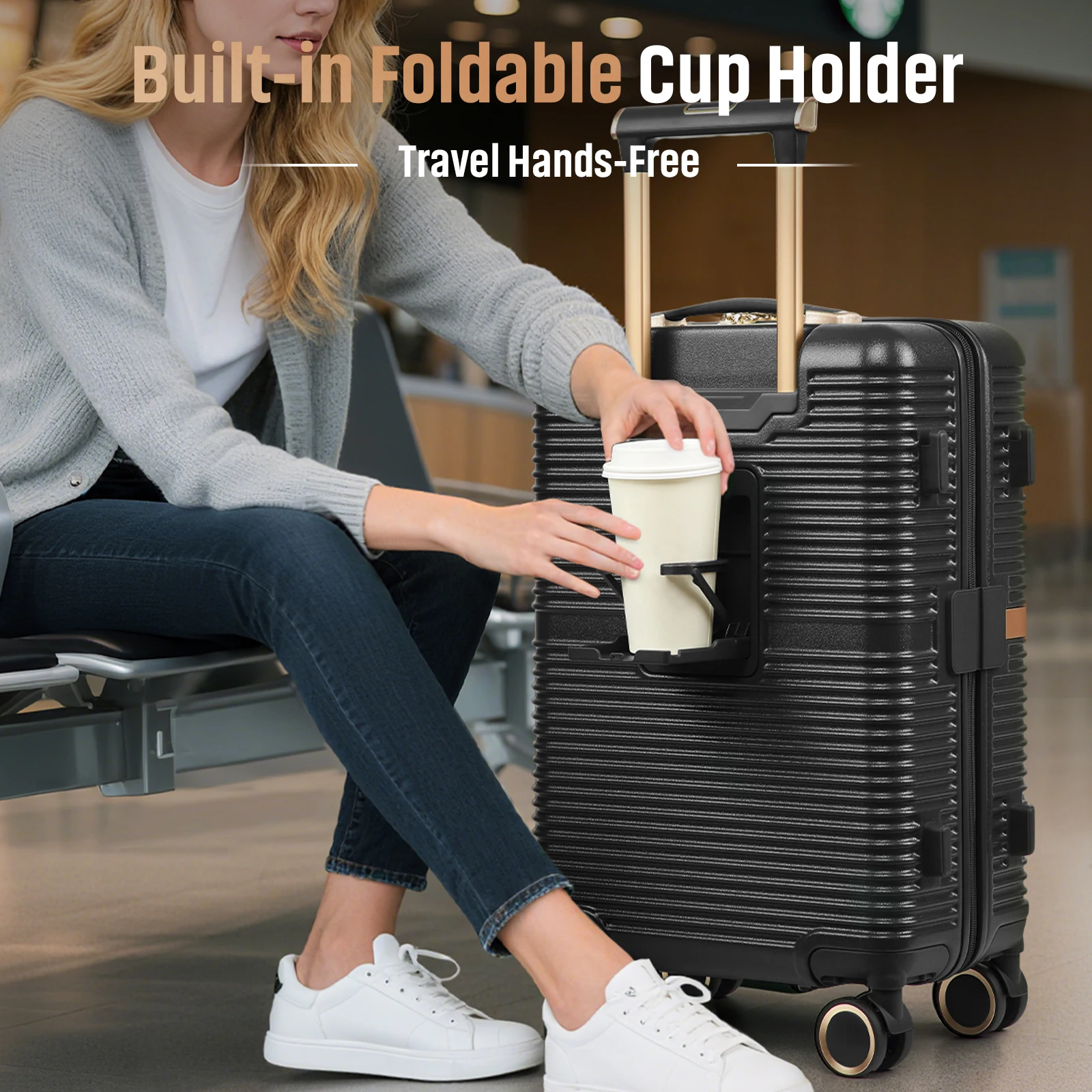 3-Piece Black Luggage Set, Sturdy Durable Travel Suitcase with Cup Holder, TSA Lock and Spinner Wheels