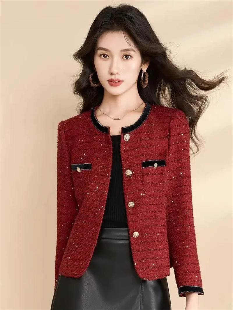 Frauen Tweed Woolen Mantel einreiher Strickjacke Kurze Jacke 2025, Frühling Herbst Kleine Duft Jacke Weibliche Oberbekleidung Tops
