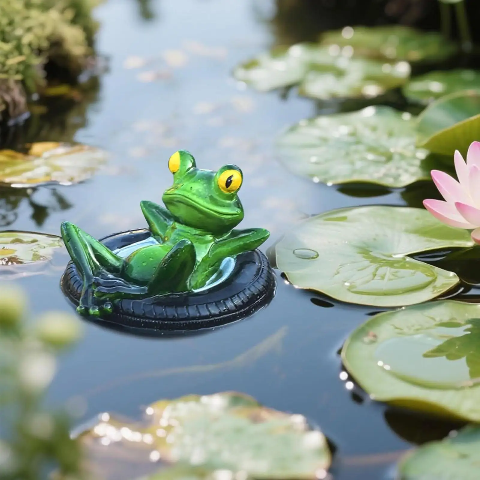 

Frog Statue Floating Green Frog Figurine Lying On Tire Animal Sculpture Lawn Ornament For Home Outdoor Backyard Balcony Pool
