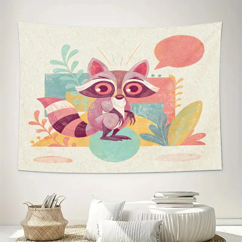 Whimsical Squirrel Illustration Tapestry Boho Woodland Forest Animal Wall Hanging Canvas Print Art Decor for Nursery Kids Room L