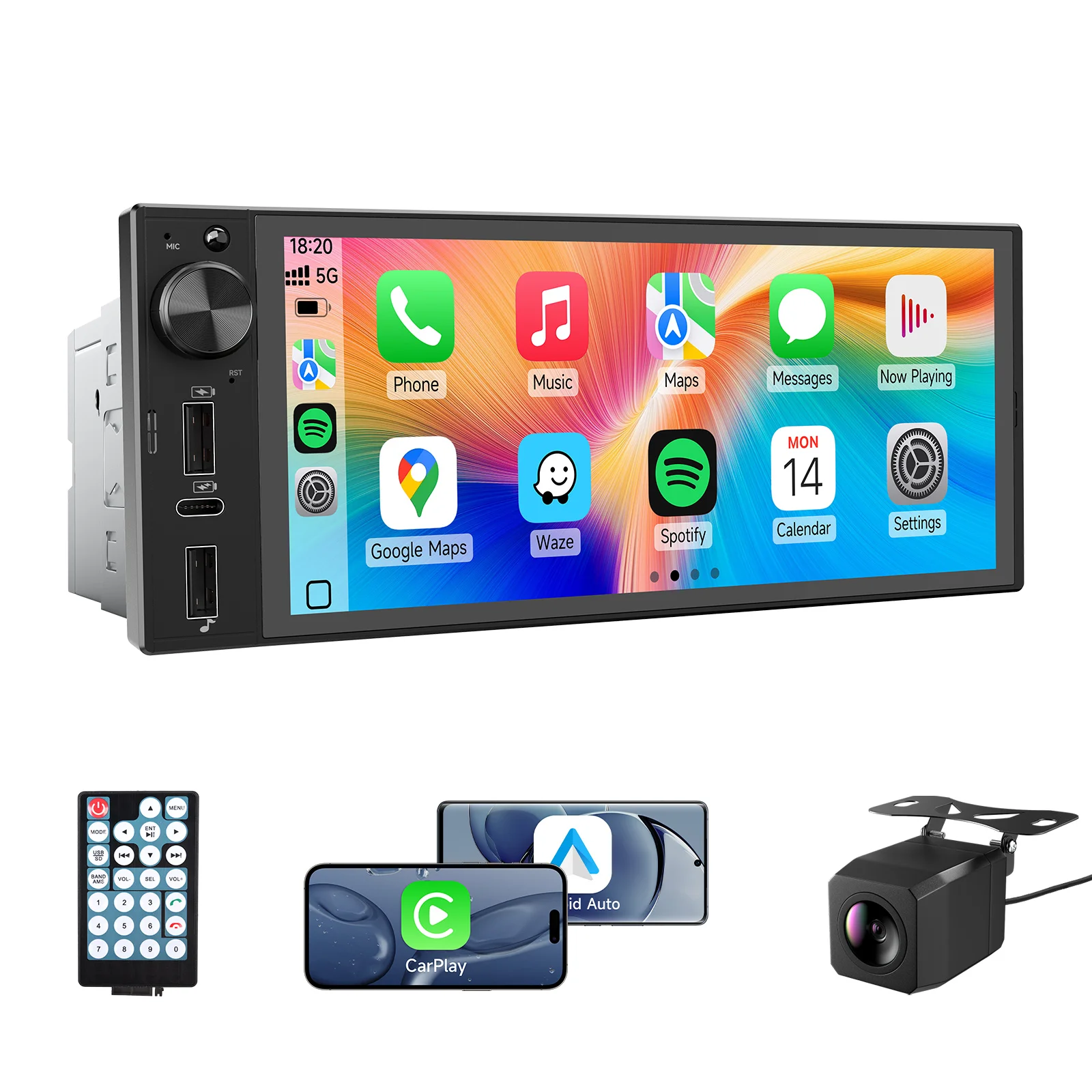 

6-дюймовый универсальный автомобильный MP5-плеер 1DIN с поддержкой беспроводного CarPlay, Android Auto, USB-зарядкой, IPS-экраном и сенсорным управлением, мультимедийный видеоплеер