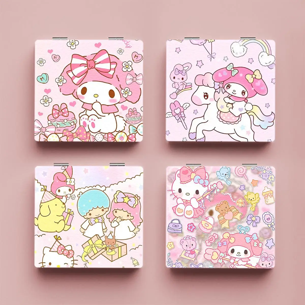 

Sanrio Hello Kitty Double Mirror Kuromi Makeup Mirror My Melody Pom Pom Purin Square Double-Sided Folding Hand Mirror Girl Gifts