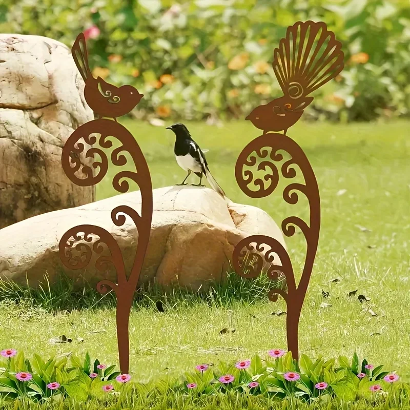 1pc Metal Garden Stake with Country Style Bird Silhouette Design for Outdoor Fern Leaf, No Batteries Required, Thanksgiving