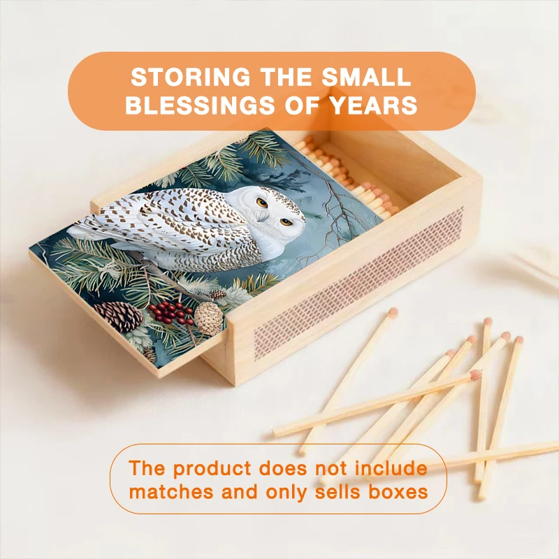 Snowy Owl 2D Printed Wooden Multi purpose Box, Holiday Gift Edition for Jewelry, Cards or Tarot, Featuring Pine Branches Owl Des