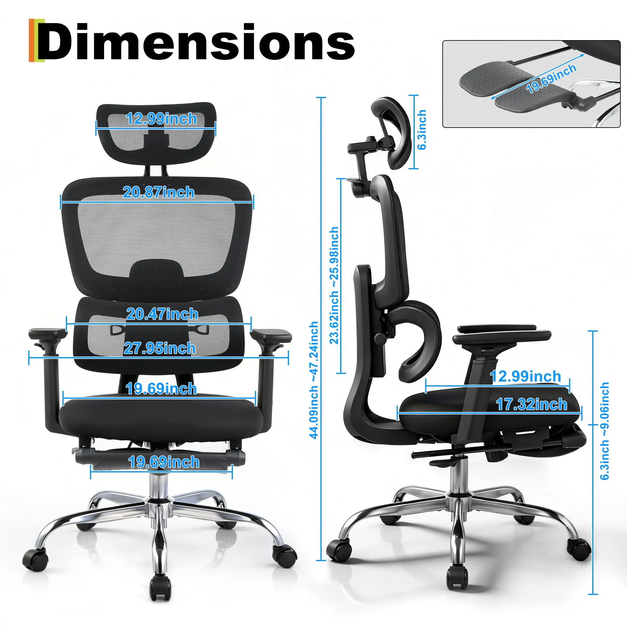 Ergonomic Mesh Office Chair with 3D Headrest, 400lbs Adjustable Lumbar High Back Desk Chair, 4D Flip-Up Arms, 3-Level Tilt Backrest, Swivel Computer Seating with PU Wheels for Long Hours Work