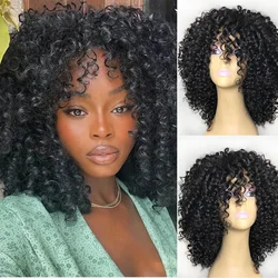 Curto Afro Kinky Curly Perucas com Franja para Mulheres, cabelo preto sintético, perucas cosplay sem cola, fibra de alta temperatura