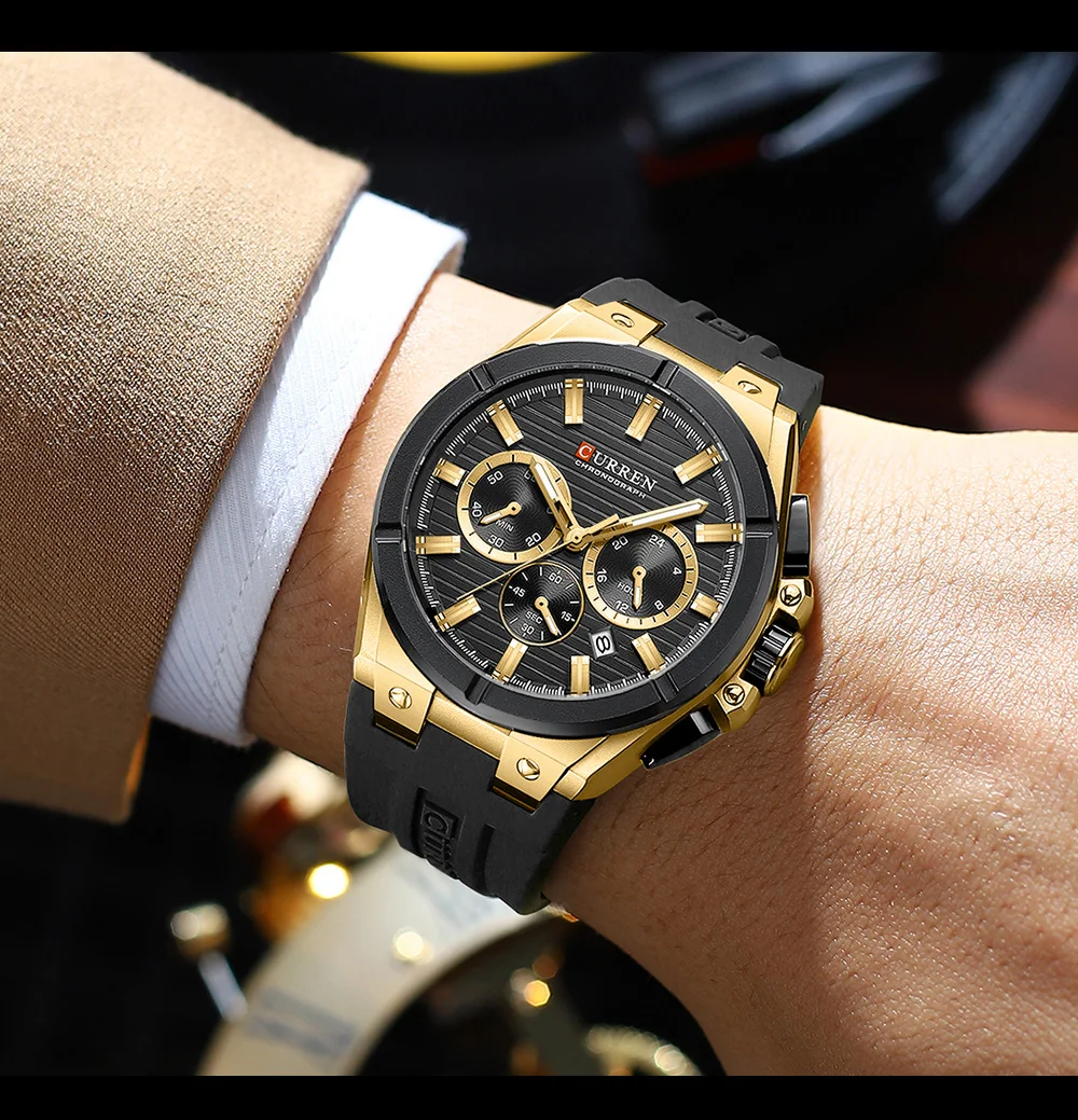 CURREN Herren-Luxus-Chronographenuhr mit 44-mm-Gehäuse, modische Quarz-Armbanduhr, lässiges Sport-Silikonarmband mit automatischem Datum. – Detail 16
