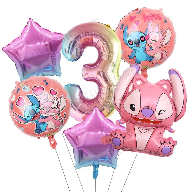 6pcs Disney Lilo & Stitch Balloons Number Balloon Set Cartoon Stitch Angel Birthday Party Decorations Baby Shower Kids Toy Gifts