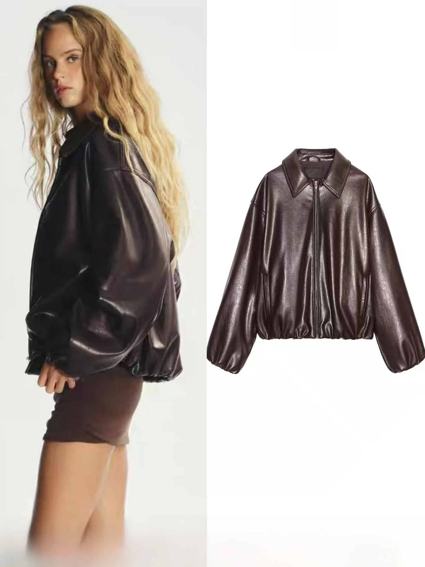 

Fall 2025 New Women's Pilot Collar Faux Leather Long Sve Jaet Outerwear Straight Mechanical Sle Windproof Elastic Hem