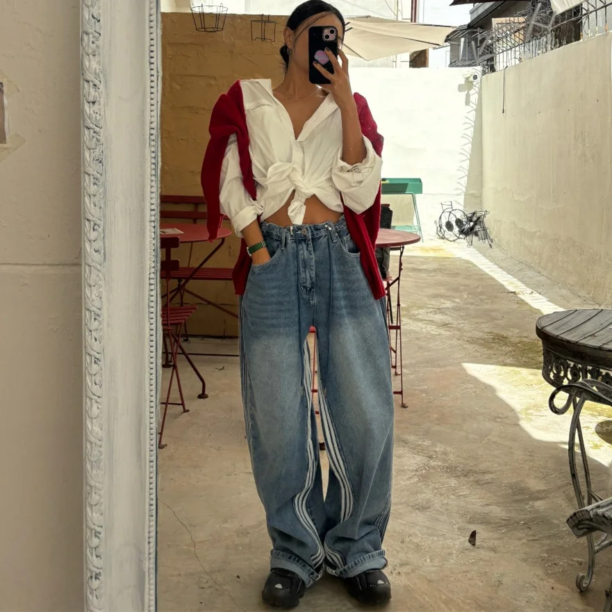 2026 New Chic Korean Style Patchwork Adjustable Waist Corded Drawstring Vintage Denim Pants Ladies Standard Fit Natural Waist