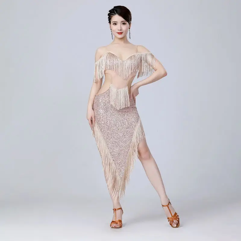 New 2025 Latin Dance Leotard Dress For Women Tassel Sequins Cha Cha Tango Dancing Skirt Stage Performance Wear