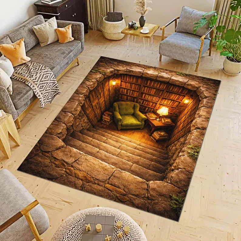 3D Library Reading Nook Area Rug Book Lover Optical Illusion Floor Mat Cozy Reading Room Decor Library Stairs Rug on Demand