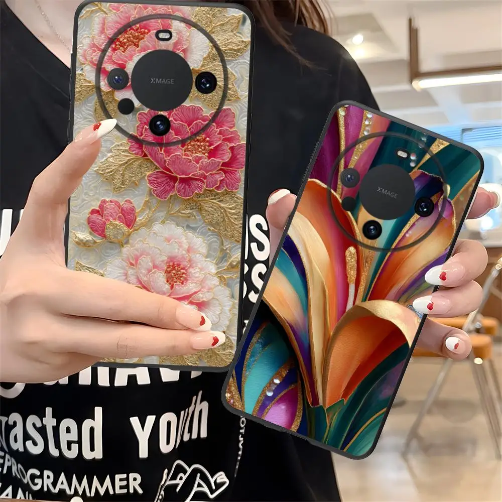 

Чехол для мобильного телефона с золотыми цветами для Huawei Mate 60 50 40 30 20 10 Pro Plus Lite E 5G с цветной печатью, защитный роскошный чехол
