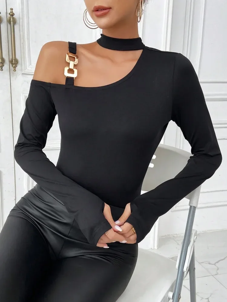 Women's Fashion Casual Solid Color Spring/Autumn Lace Splicing Sexy Irregular Lace Hollow Neck Lightweight T Shirts Women YSQ32