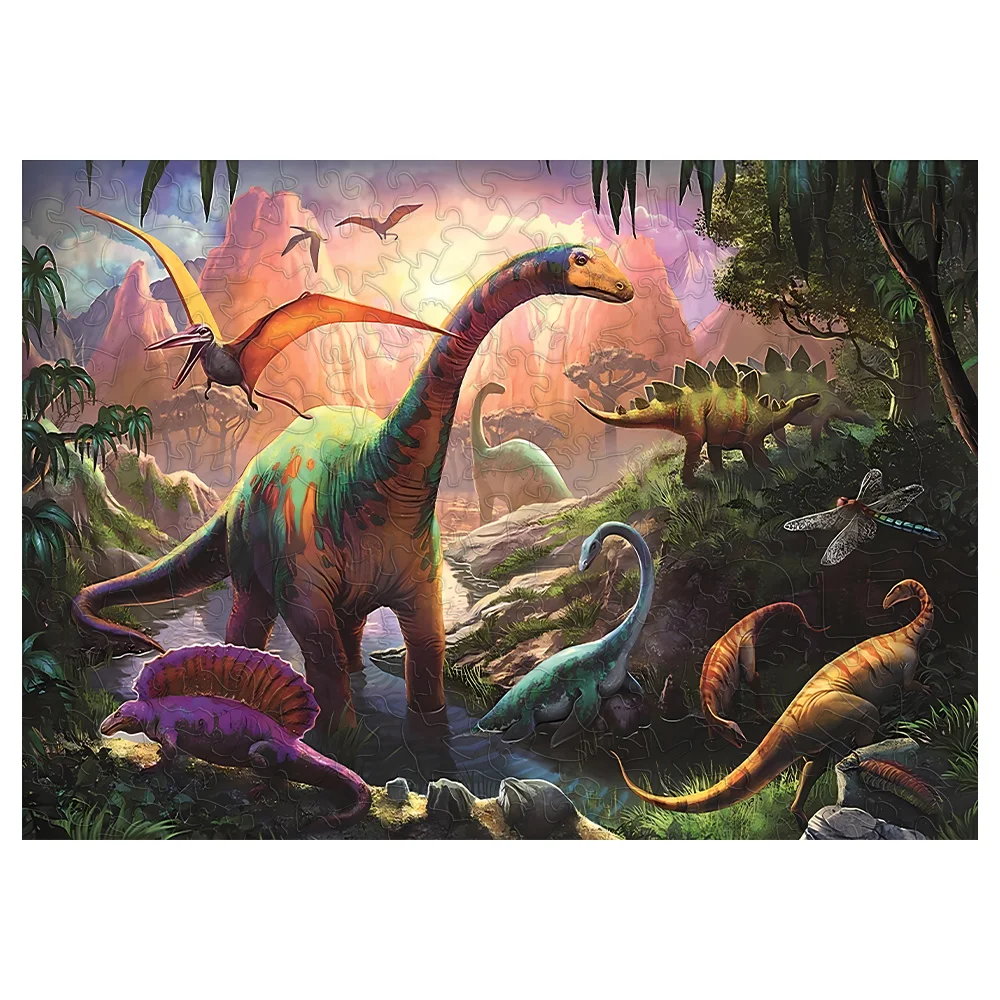 Montessori Dinosaur World Puzzle Irregular de Madeira para Adultos e Crianças, 3D Puzzle, Brinquedo Educativo, Caixa De Madeira