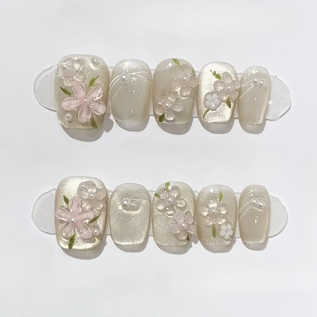 10Pcs Short Square Handmade Press On Nails Full Cover Flower Cat Eye Small Fresh Ballet False Nails Wearable Manicure Nail Tips